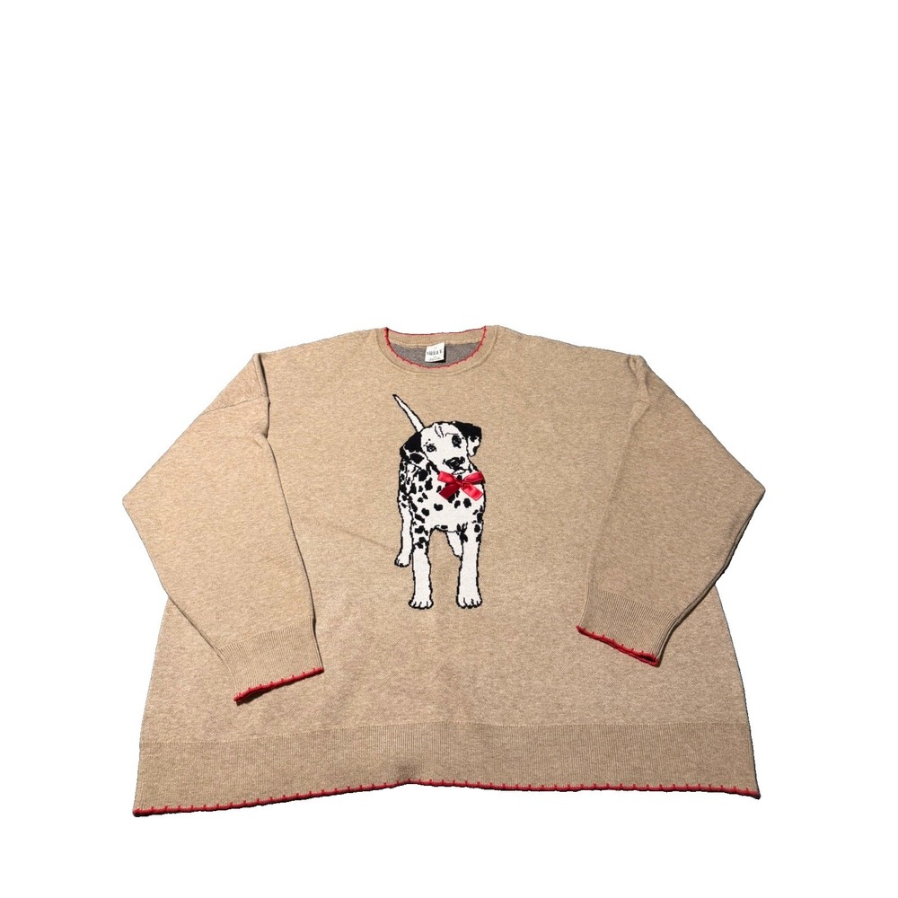NWT Nikka K Dalmatian Dog Sweater 3X Mocha Red Bow Novelty Knit Plus Size